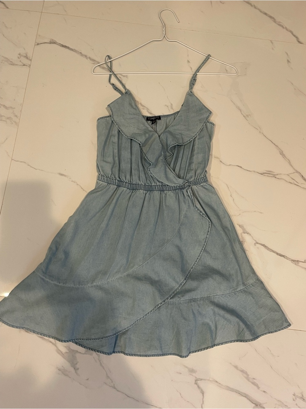 Light Blue Ruffle-Trim Denim Dress